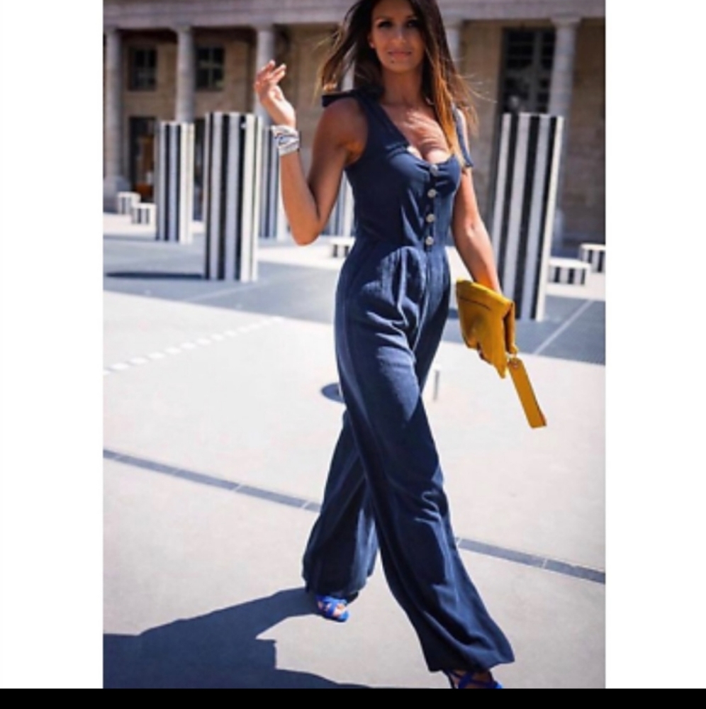 Zara Linen Blend Navy Button Jumpsuit Pockets